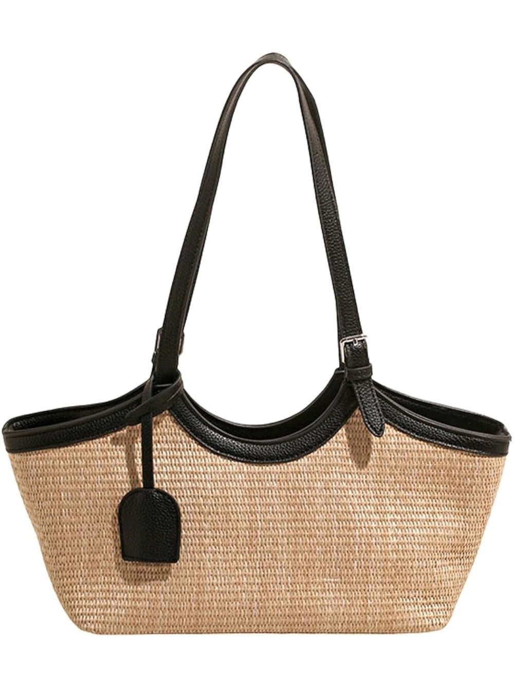 New w/ Tags Woven Straw Tote Bag with Black Leather Trim